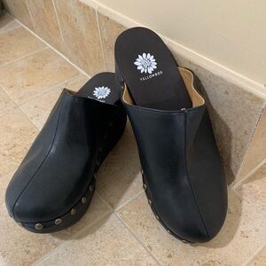 Yellow Box Black Leather Mules